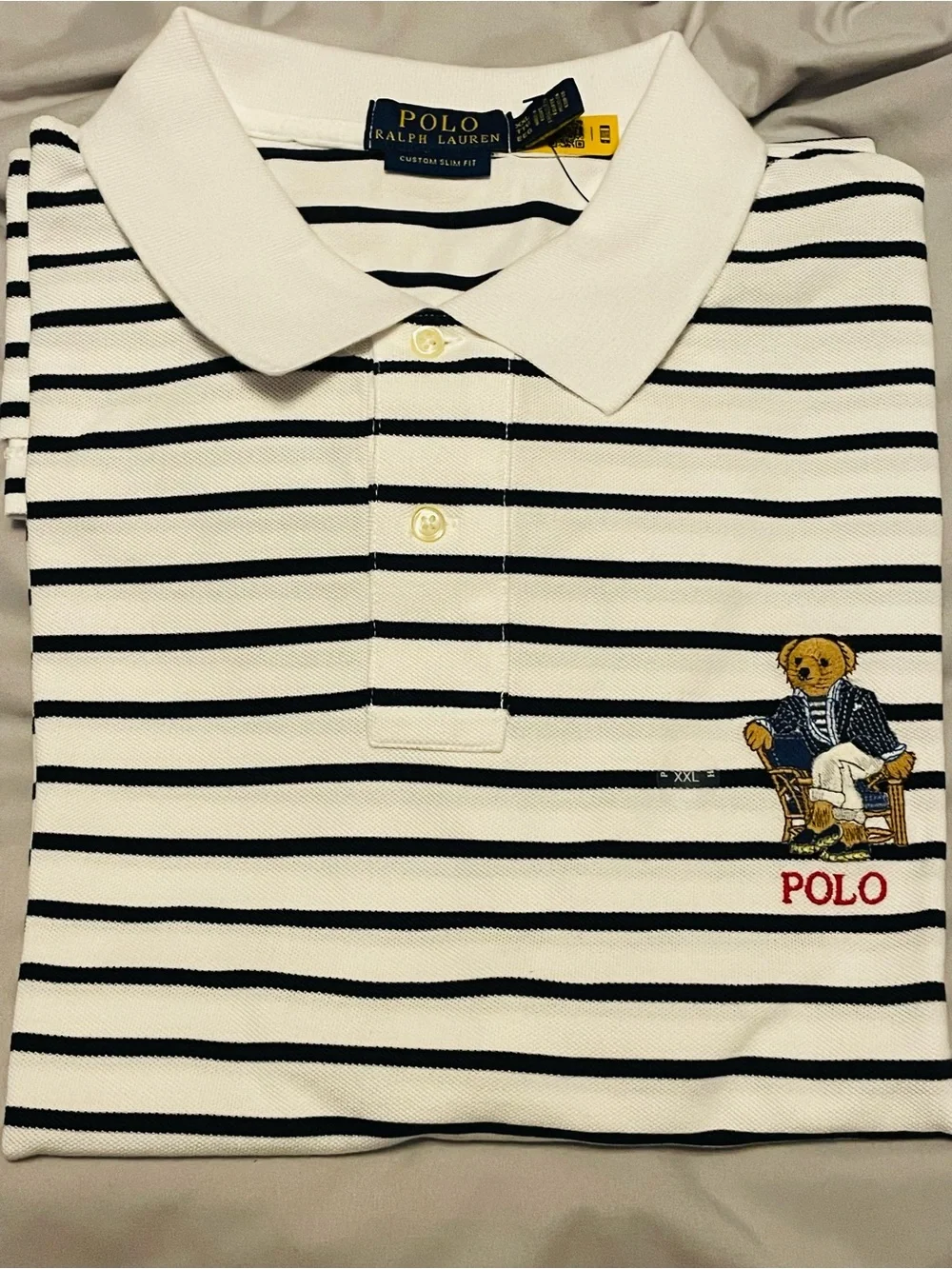 🔥Polo Ralph Lauren Custom Slim Fit Polo Bear Polo Shirt. White/Navy, 2XL NWT🏷️🐻